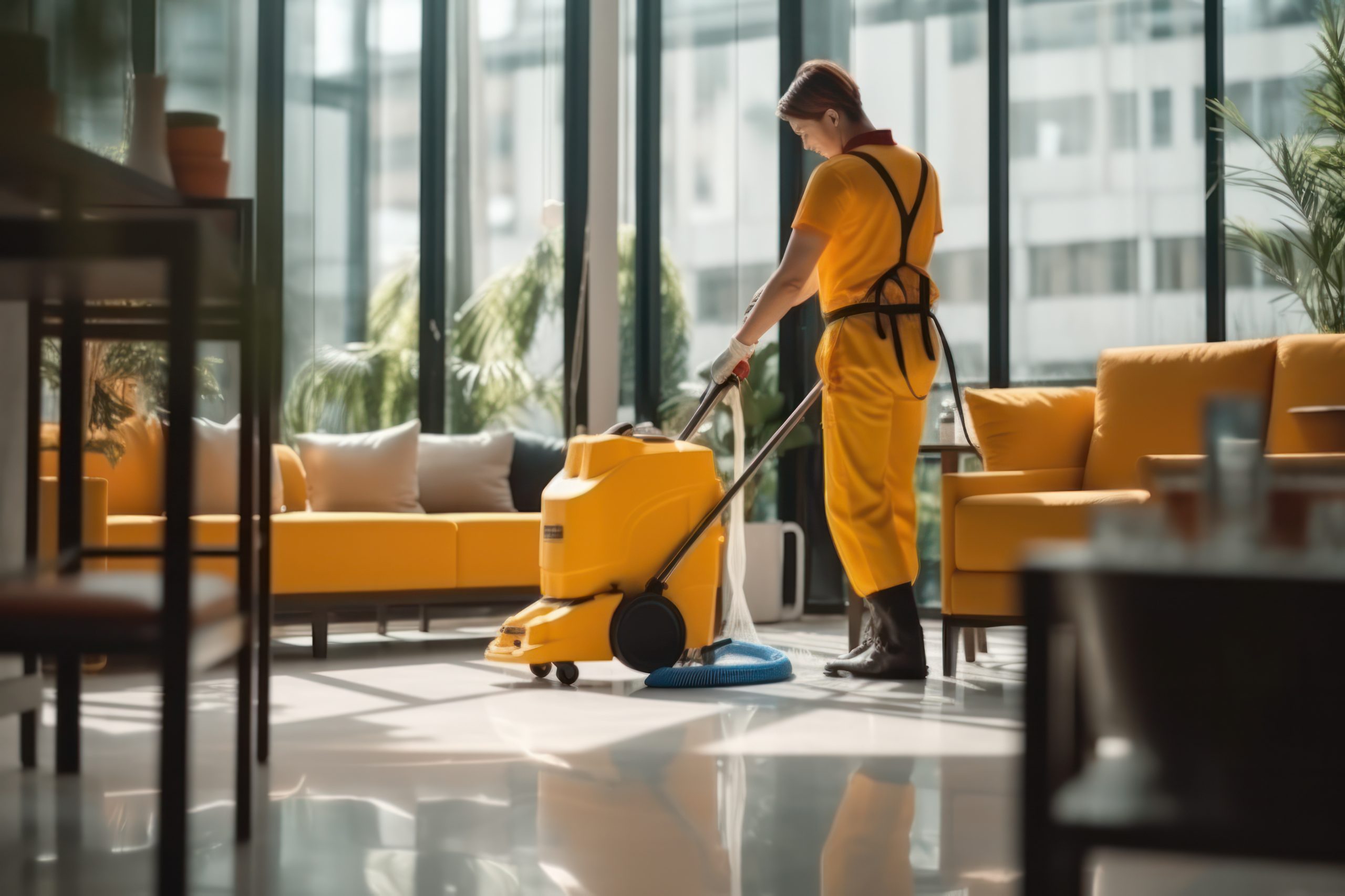 With an industrial vacuum cleaner in hand, a skilled worker office and industrial cleaning services company, clean and hygienic environment. generative ai